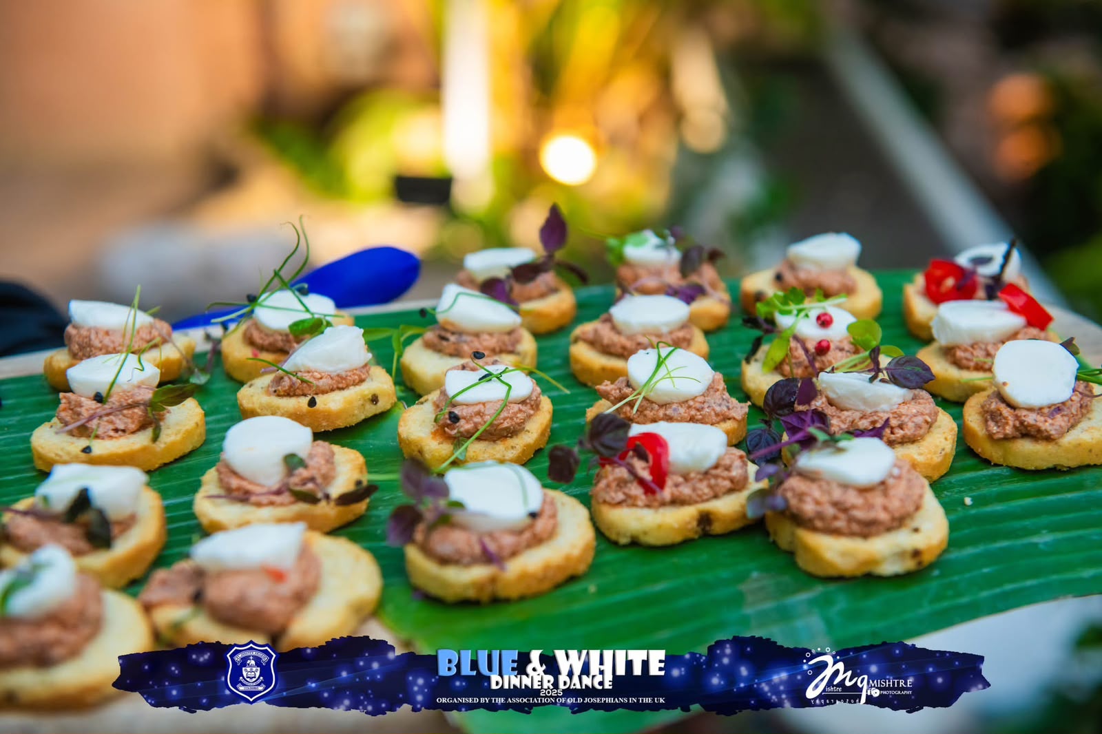 Canapés served on a banana leaf